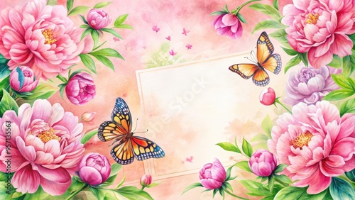 Vibrant pink peonies and butterflies adorn a soft, watercolor-style background on a blank greeting card, ready for a heartfelt message or sentiment. photo