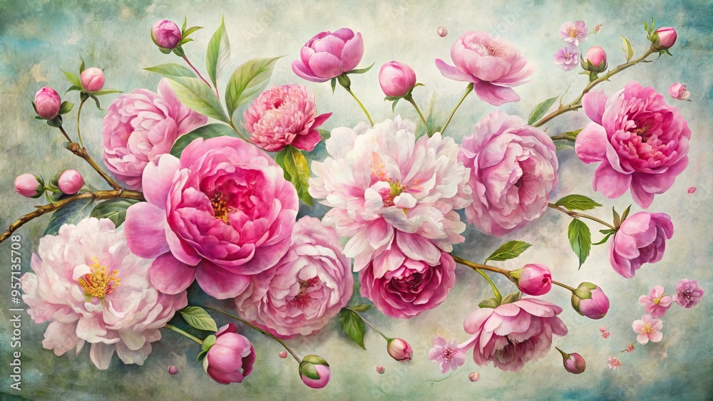Vibrant pink peonies and delicate cherry blossoms artfully arranged in a vintage-inspired watercolor painting on textured paper with subtle brushstrokes and soft lighting. Vibrant pink peonies and delicate cherry blossoms artfully arranged in a vintage-inspired watercolor painting on textured paper with subtle brushstrokes and soft lighting.