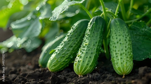 Fresh cucumbers growing on a vine in rich soil, covered with morning dew, representing organic farming, sustainability, and healthy eating. Ideal for gardening, agriculture, and food-related projects.