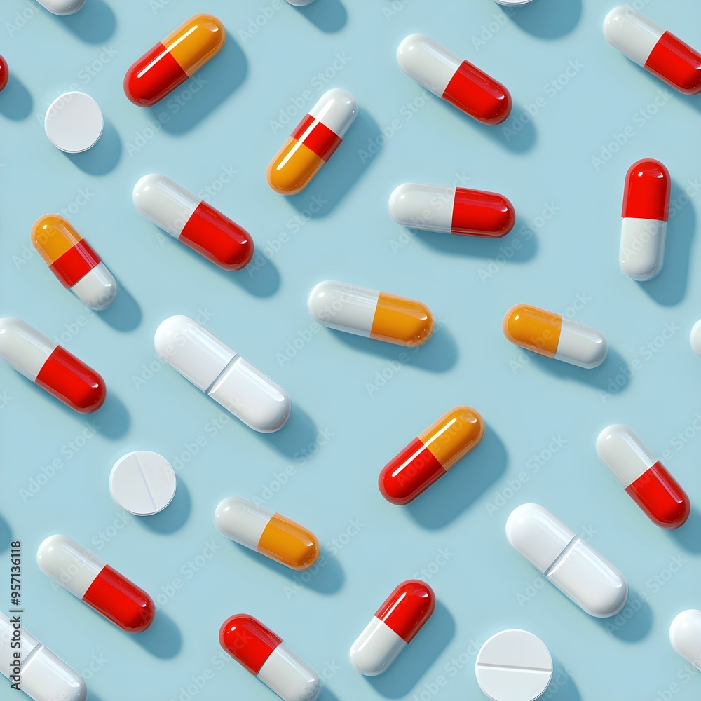 Colorful medication pills and capsules arranged randomly Seamless pattern Colorful medication pills and capsules arranged randomly Seamless pattern