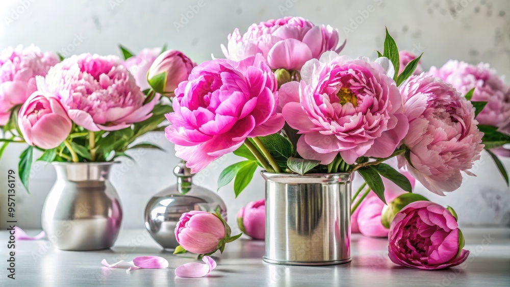 Vibrant pink peonies bloom amidst sleek, minimalist decor, contrasting delicate petals with modern metallic accents and clean lines, exuding elegance and sophistication.