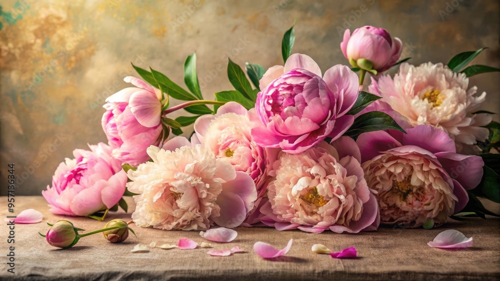 Vibrant pink peonies spill across a textured, cream-colored canvas, delicate petals blending seamlessly with the art piece's subtle, abstract background. Vibrant pink peonies spill across a textured, cream-colored canvas, delicate petals blending seamlessly with the art piece's subtle, abstract background.