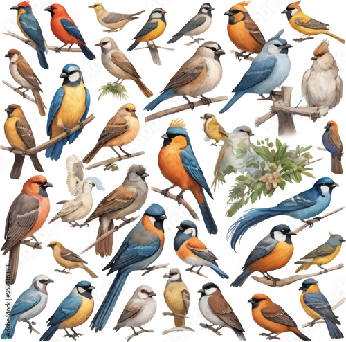 A collection of birds including one with a blue and green on the bottom