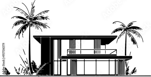 A house with a balcony and a palm tree in the background. The house is black and white