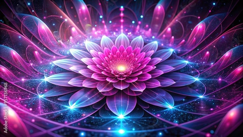 Vibrant pink petals unfolding from a digital matrix, surrounded by swirling fractals and neon lights, blending organic beauty with futuristic technology in a mesmerizing artwork.