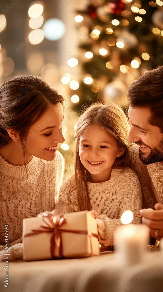 Cozy family gathered around a decorated Christmas tree, exchanging gifts with warm smiles, traditional festive atmosphere, soft glowing lights