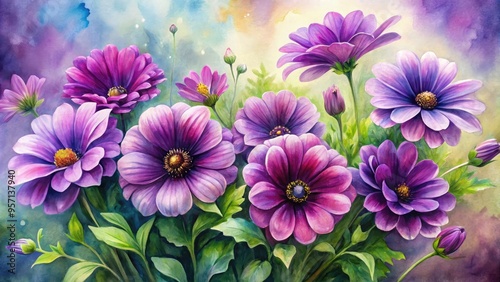 Vibrant purple flowers bloom against a delicate, hand-painted watercolor background, blending soft brushstrokes with realistic petals in a whimsical, dreamy, and artistic photographic composition.
