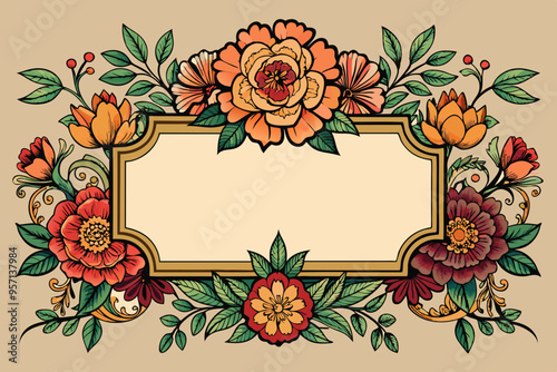 Vintage Floral Rectangle Frame for Web, Oriental Style, Vector Illustration