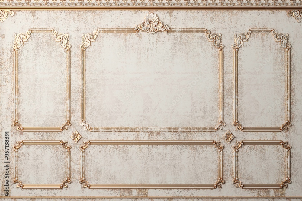 Classic wall of old gold stucco panels paint. Background. Classic wall of old gold stucco panels paint. Background.