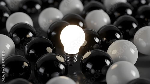 Single glowing light bulb amidst black and white balls symbolizing creativity standing out and innovation concept 