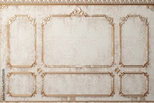 Classic wall of old gold stucco panels paint. Background.