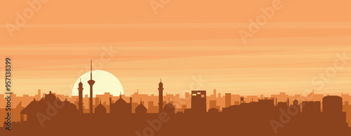 Brown panoramic poster of the city skyline with misty background buildings, sunrise, clouds and mountains of NEW DELHI, INDIA