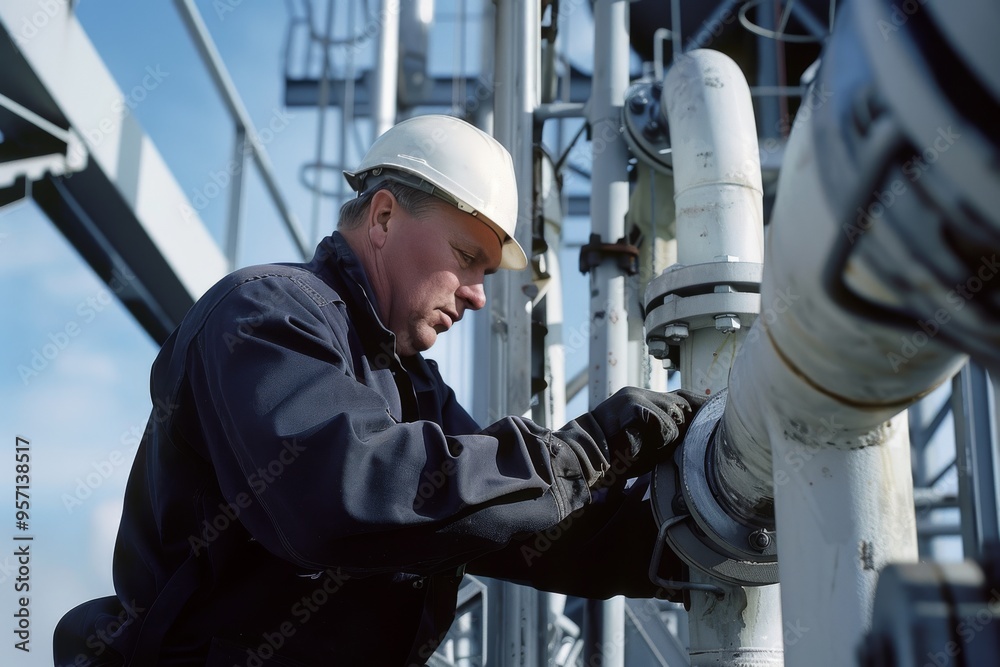 An industrial engineer in a safety helmet and gloves meticulously works on a piece of machinery, encapsulated by a complex structure of metal pipes and beams. An industrial engineer in a safety helmet and gloves meticulously works on a piece of machinery, encapsulated by a complex structure of metal pipes and beams.