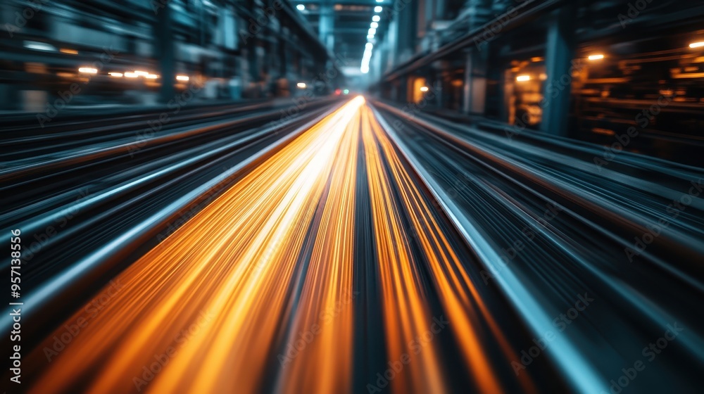 A mesmerizing long exposure photo capturing streaks of lights in a modern, industrial facility, representing the fast-paced and futuristic nature of technology and innovation. A mesmerizing long exposure photo capturing streaks of lights in a modern, industrial facility, representing the fast-paced and futuristic nature of technology and innovation.
