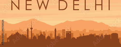 Brown panoramic poster of the city skyline with misty background buildings, sunrise, clouds and mountains of NEW DELHI, INDIA