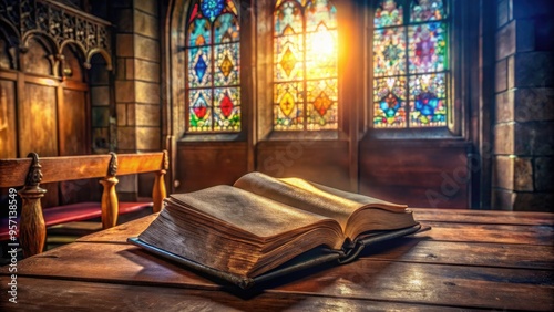 Vintage leather-bound holy scripture lies open on a worn wooden pew, surrounded by scattered pages and a faintly lit stained glass window backdrop. photo