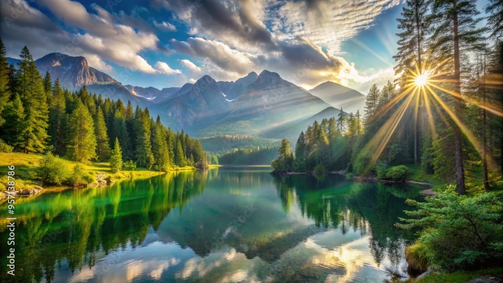 Naklejka premium Vibrant rays of sunlight filter through lush green forest, illuminating majestic mountains and serene lake in the background.