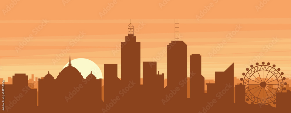Fototapeta premium Brown panoramic poster of the city skyline with misty background buildings, sunrise, clouds and mountains of MELBOURNE, AUSTRALIA