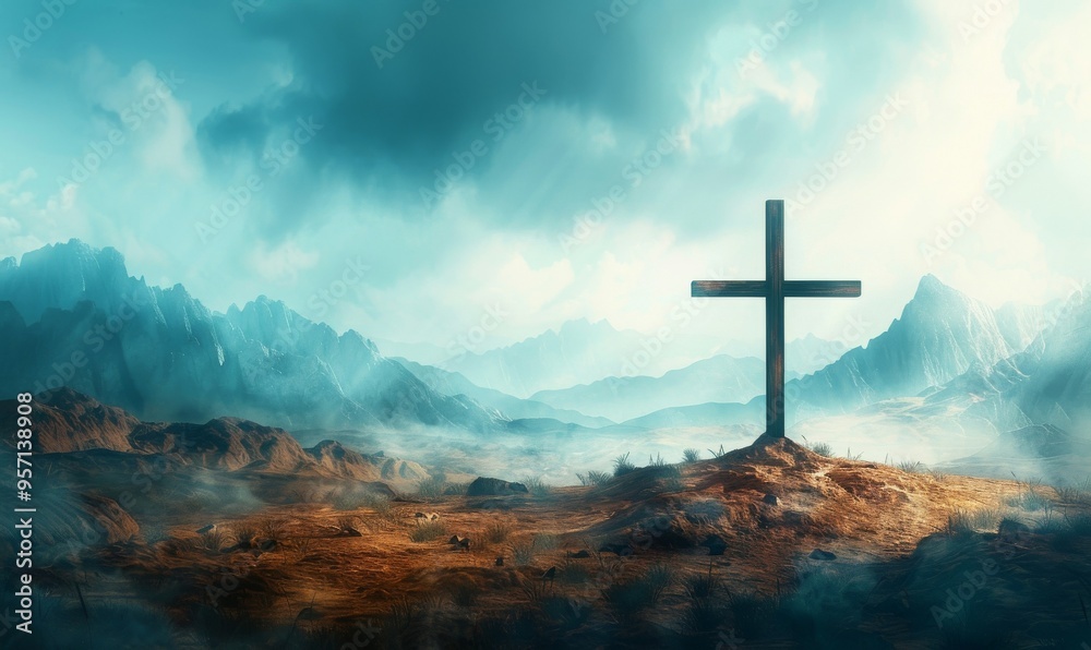 At sunrise, a serene and empty tomb reveals a shroud and crucifix, symbolizing the resurrection of Jesus Christ amidst a tranquil landscape, invoking hope and renewal. Generative AI At sunrise, a serene and empty tomb reveals a shroud and crucifix, symbolizing the resurrection of Jesus Christ amidst a tranquil landscape, invoking hope and renewal. Generative AI