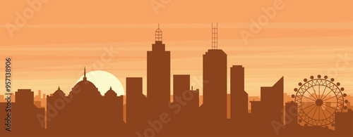 Brown panoramic poster of the city skyline with misty background buildings, sunrise, clouds and mountains of MELBOURNE, AUSTRALIA