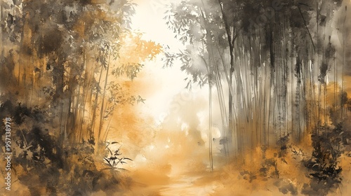Serene Autumn Forest Landscape in Meditative Sumi e Ink Painting Style