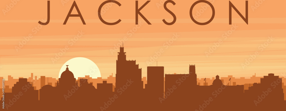 Brown panoramic poster of the city skyline with misty background buildings, sunrise, clouds and mountains of JACKSON, UNITED STATES Brown panoramic poster of the city skyline with misty background buildings, sunrise, clouds and mountains of JACKSON, UNITED STATES