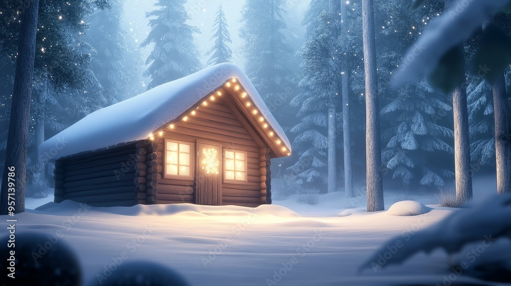 Fototapeta premium Cozy cabin in a snowy forest, Christmas lights, warm glow from windows