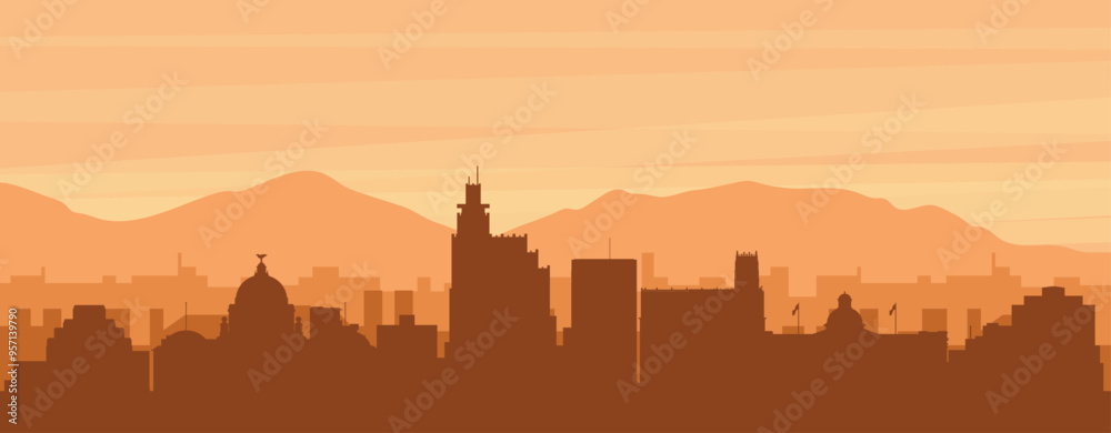 Brown panoramic poster of the city skyline with misty background buildings, sunrise, clouds and mountains of JACKSON, UNITED STATES Brown panoramic poster of the city skyline with misty background buildings, sunrise, clouds and mountains of JACKSON, UNITED STATES