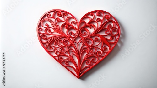 Vibrant red heart-shaped paper cutout stands alone on a crisp white background, its delicate edges and intricate curves evoking a sense of love and tenderness.