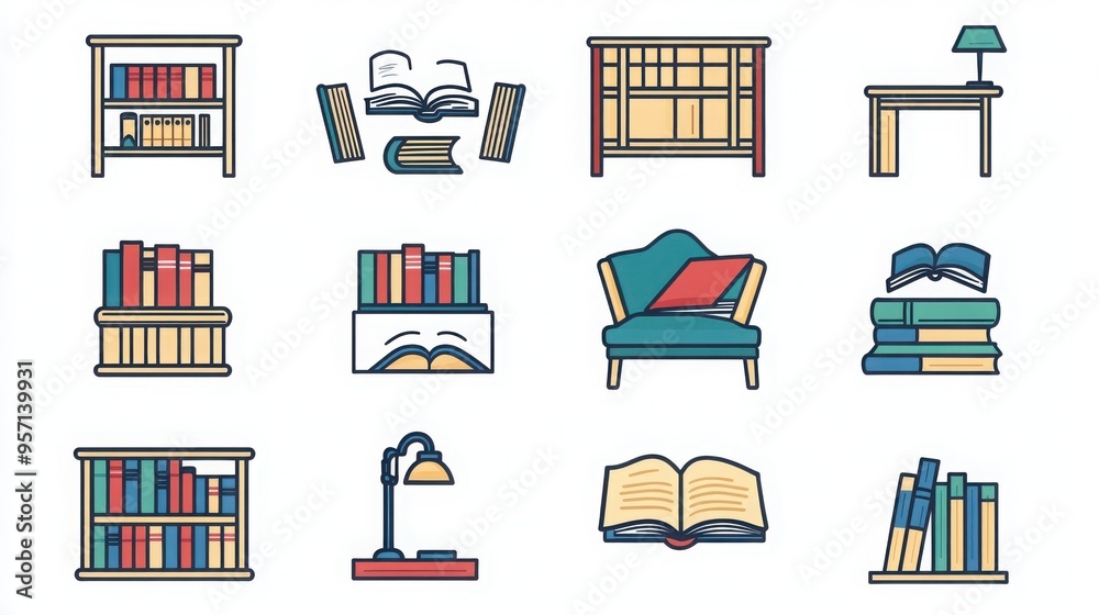 Library Readig Icon Library and Reading thin line icon set. Containing bookshelf, book ...