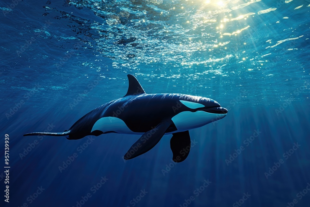 an orca fish or killer whale swimming on underwater of sea an orca fish or killer whale swimming on underwater of sea