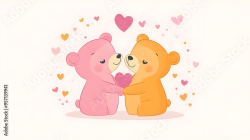 Two cute bears in love, in pink and orange colors, with a Valentine's Day theme