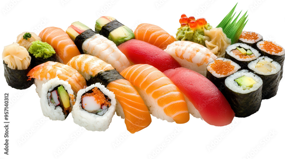 various sushi with salmon, tuna, shrimp, rice, crab, wasabi, ginger, cucumber, avocado, isolated transparent, png, background various sushi with salmon, tuna, shrimp, rice, crab, wasabi, ginger, cucumber, avocado, isolated transparent, png, background