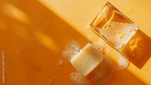 Perfume package laden with soap on an orange background