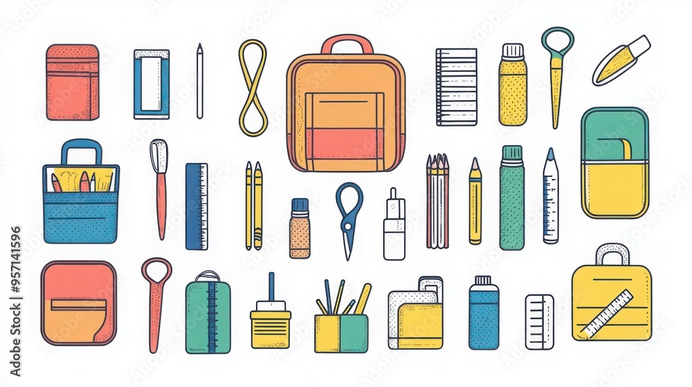 School Supplies thin line icon set. Containing backpack, lunchbox, water bottle, scissors, glue stick, crayons, colored pencils, markers, ruler, pencil case, stapler, tape, index cards. School Supplies thin line icon set. Containing backpack, lunchbox, water bottle, scissors, glue stick, crayons, colored pencils, markers, ruler, pencil case, stapler, tape, index cards.