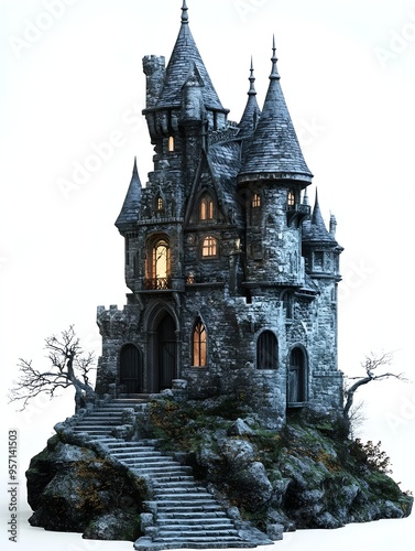 Spooky and Mysterious Castle on a Decorative Halloween Banner with Hand Painted Textures and Minimal Atmosphere