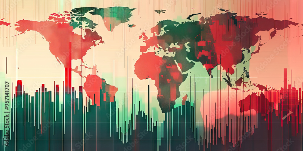 Fototapeta premium An area chart of global trade volume, with each continent's share represented by different shades of red and green.