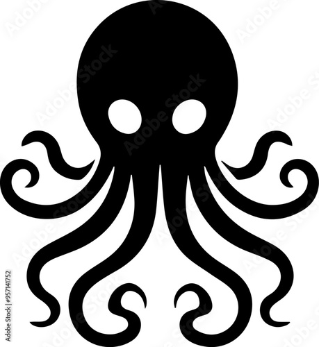 A black octopus with a large head and long tentacles. The octopus is surrounded by a white background