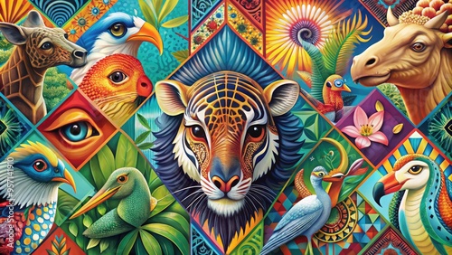 Vibrant, stylized illustrations of diverse animals, including mammals, birds, and reptiles, set against colorful, geometric backgrounds and ornate patterns, perfect for design and digital media.