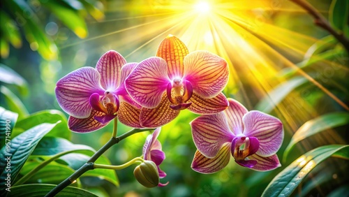 Vibrant sunbeams illuminate delicate petals of a rare orchid nestled among lush greenery, showcasing the intricate beauty and serenity of the natural world. photo