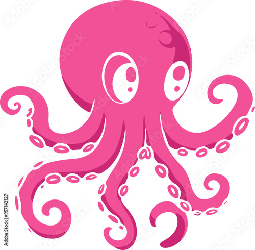 A cartoonish pink octopus with big eyes and a smile