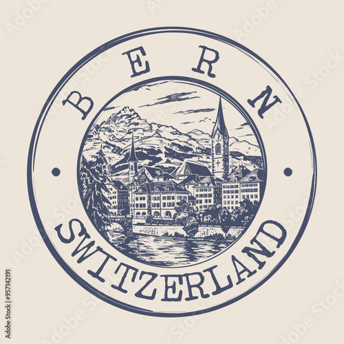 Bern, Switzerland Stamp City Postmark. Silhouette Postal Passport. Round Vector Icon. Vintage Postage Design.	