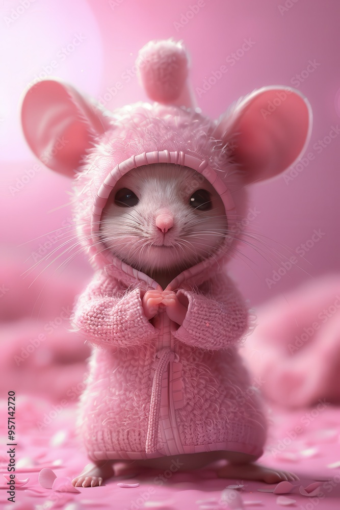 Adorable hamster in pink yoga outfit on pink surface with petals. Sweet expression and hands clasped in prayer pose Adorable hamster in pink yoga outfit on pink surface with petals. Sweet expression and hands clasped in prayer pose