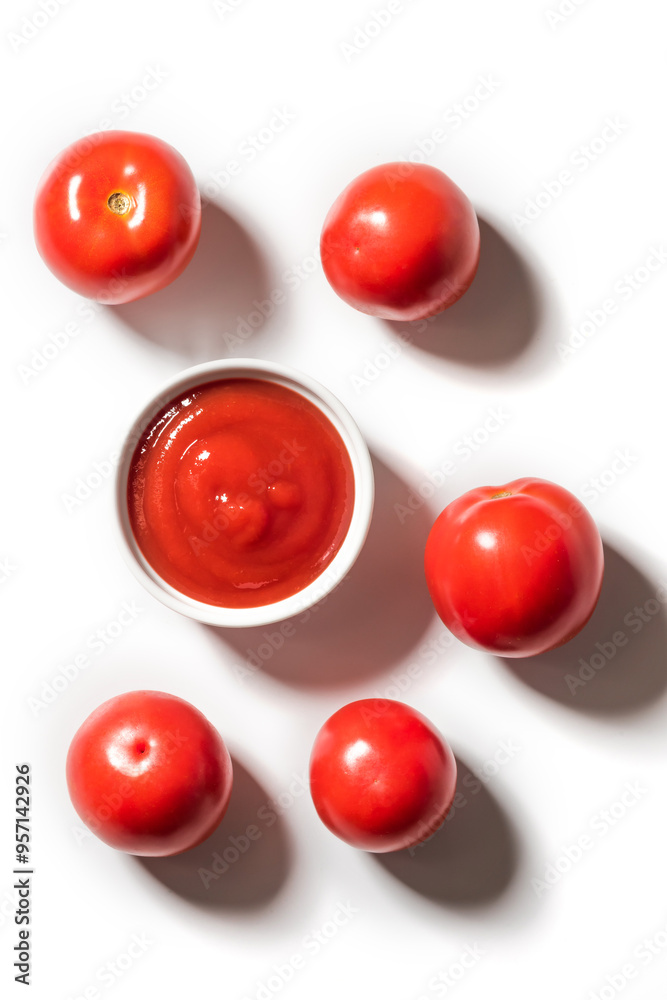 Fototapeta premium Ripe tomatoes and bowl of ketchup on white background, top view