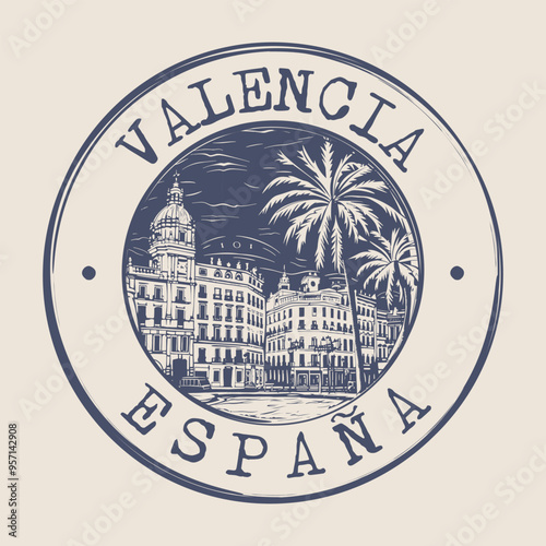 Valencia, Spain Stamp City Postmark. Silhouette Postal Passport. Round Vector Icon. Vintage Postage Design.	