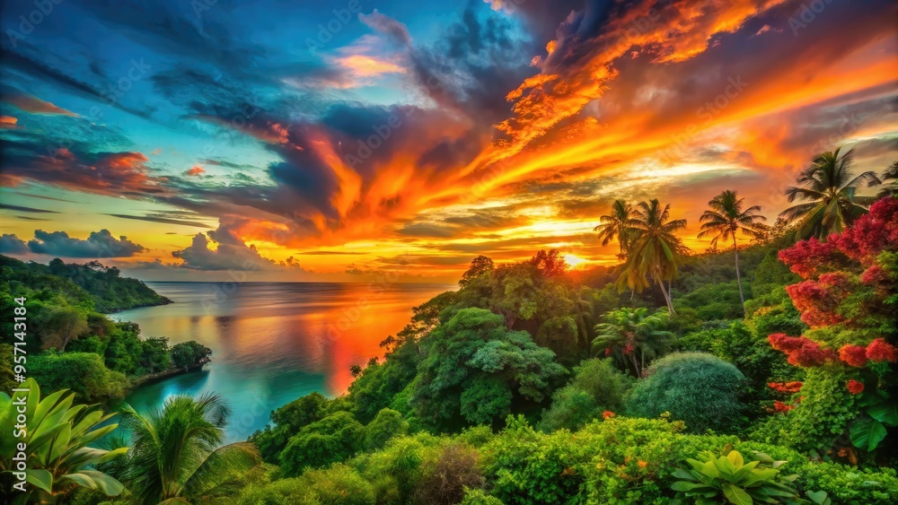 Obraz premium Vibrant sunset hues of orange, coral, and turquoise blend with lush green foliage, capturing the serene essence of nature's colorful harmony.