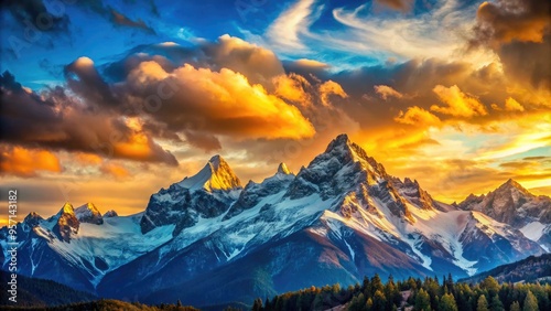 Vibrant sunset casts warm golden light on towering mountain peaks, surrounded by fluffy white clouds, set against a serene turquoise blue sky with subtle gradient. photo