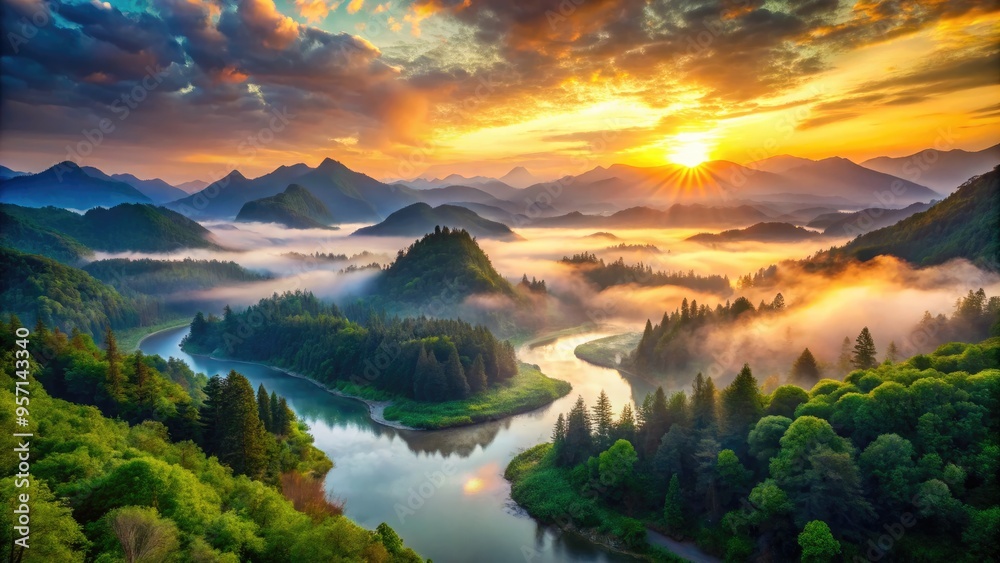 Vibrant sunset illuminates a serene landscape of misty mountains, verdant forests, and winding rivers, blending harmoniously in a surreal and dreamlike artistic composition. Vibrant sunset illuminates a serene landscape of misty mountains, verdant forests, and winding rivers, blending harmoniously in a surreal and dreamlike artistic composition.