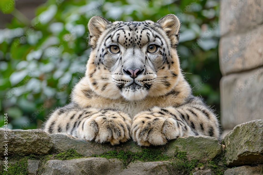 Snow Leopard Resting on Rocks with Green Foliage in Background Snow Leopard Resting on Rocks with Green Foliage in Background