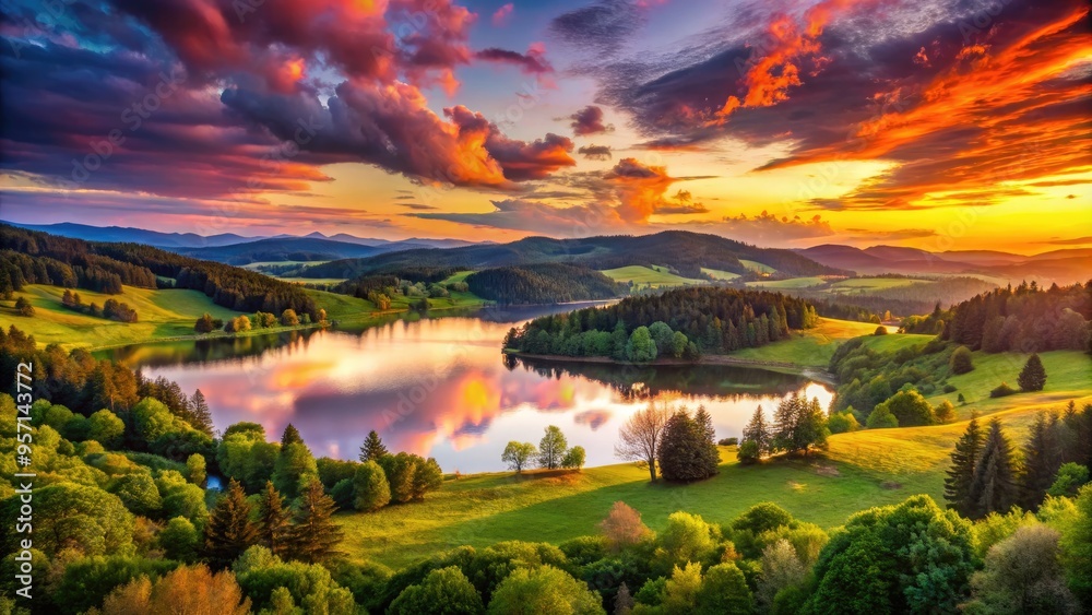 Fototapeta premium Vibrant sunset illuminates a serene tranquil landscape of rolling hills, verdant forests, and sparkling lake, awash in warm hues of orange, pink, and purple.